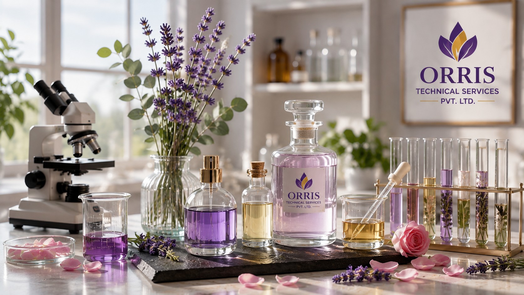 Modern fragrance research workspace with laboratory bottles, test tubes, lavender and quality-control equipment